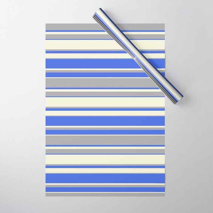 Beige, Dark Grey & Royal Blue Colored Pattern of Stripes Wrapping Paper