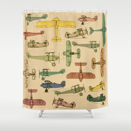 Airplanes. Retro seamless pattern on vintage old paper. Plus three objects cracked surface. Grunge effects Shower Curtain