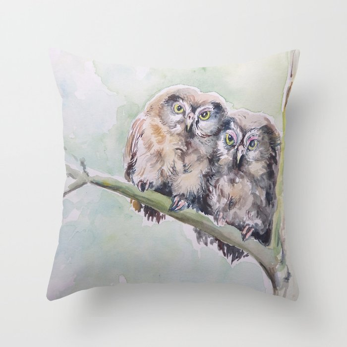 TWO CUTE OWLS Wildlife birds in the forest Watercolor painting Throw Pillow