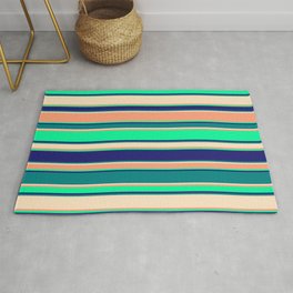 [ Thumbnail: Vibrant Light Salmon, Green, Midnight Blue, Teal, and Bisque Colored Pattern of Stripes Rug ]