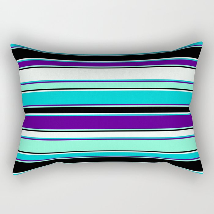Mint Cream, Dark Turquoise, Indigo, Aquamarine, and Black Colored Striped/Lined Pattern Rectangular Pillow