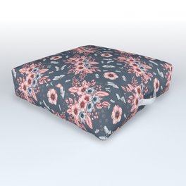 Monochrome anemone flowers and butterflies on a blue background - floral print Outdoor Floor Cushion