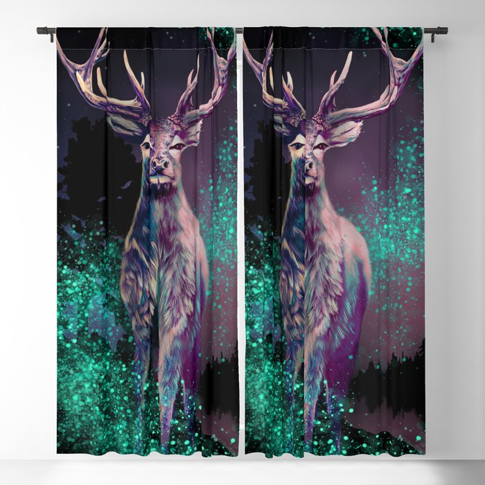 Buck in the Night, Deer with Colorful Antlers in the Night, Dark Nature Art Illustration Blackout Curtain