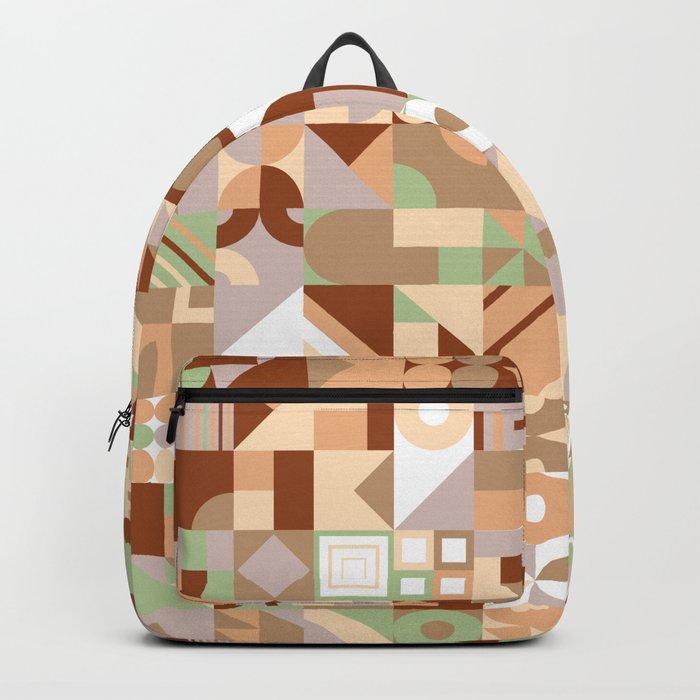 Beige, Green, Brown Colorful Minimalist Geometric Design Gift Pattern Art Print Backpack