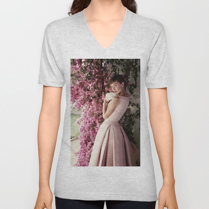 Audrey Hepburn Flowers V Neck T Shirt