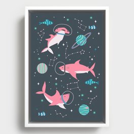 Pink Space Sharks Framed Canvas