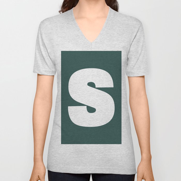 S (White & Dark Green Letter) V Neck T Shirt