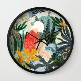 The Distracted Reader | Mindfulness Solo Travel | Bohemian Jungle Botanical Mood | Nature Book Lady Wall Clock | Forest, Plants, Painting, Reading, Woman, Nature, Popofcolor, Curated, Jungle, Poeple 