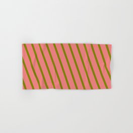[ Thumbnail: Green & Light Coral Colored Lined Pattern Hand & Bath Towel ]