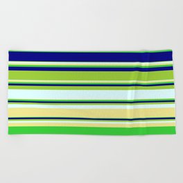 [ Thumbnail: Vibrant Green, Light Cyan, Tan, Lime Green & Blue Colored Stripes/Lines Pattern Beach Towel ]