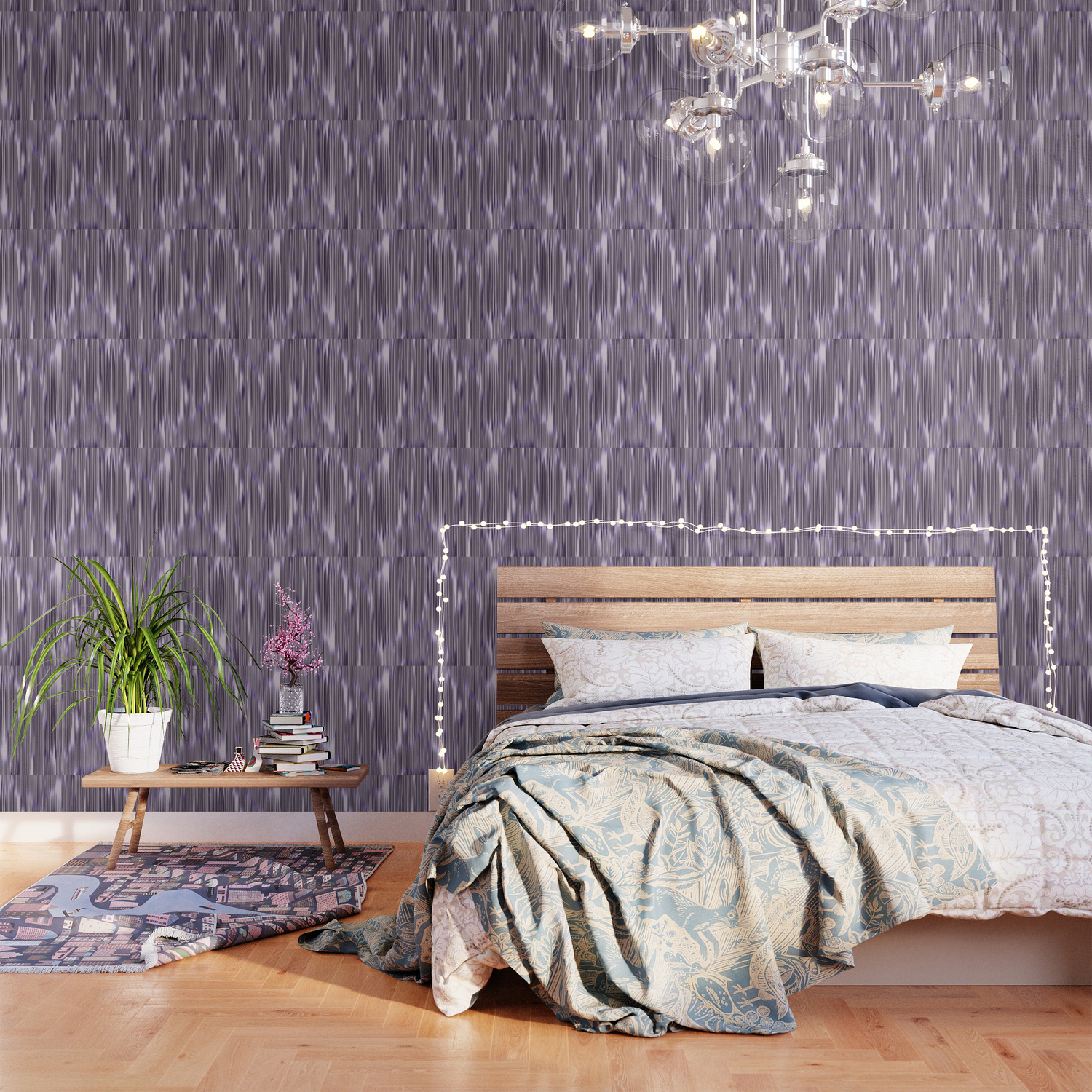 Soft Monochrome Ikat Stripe With Purple Accent Wallpaper