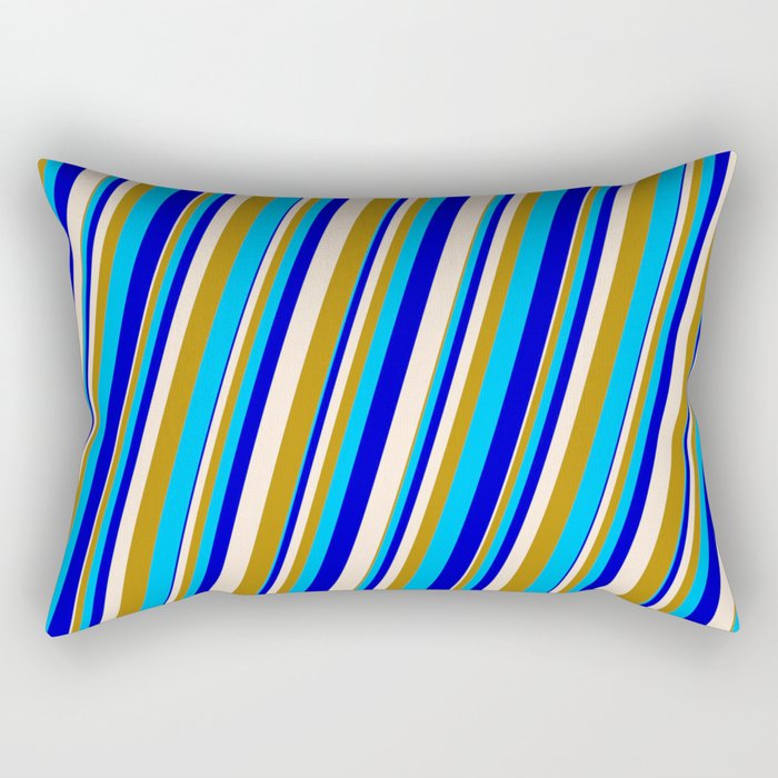 Beige, Dark Goldenrod, Deep Sky Blue & Blue Colored Stripes Pattern Rectangular Pillow