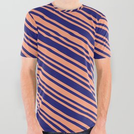 [ Thumbnail: Light Salmon & Midnight Blue Colored Stripes/Lines Pattern All Over Graphic Tee ]