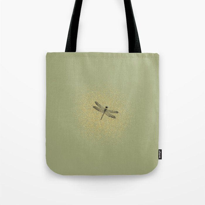Sketched Dragonfly and Golden Fairy Dust on Sage Green Tote Bag