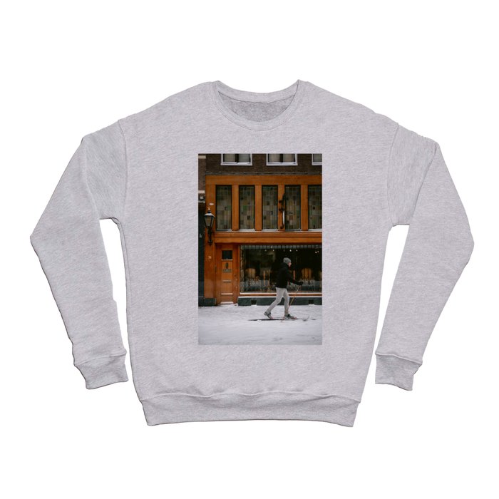 Snowy Amsterdam | Men with skies in The Netherlands | Old brown wooden building in The Netherlands | Architecture photography Crewneck Sweatshirt