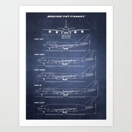 Boeing 747 Family Blueprint in High Resolution (dark blue) Art Print