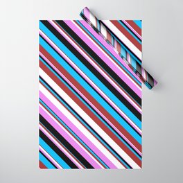 [ Thumbnail: Deep Sky Blue, Brown, White, Violet, and Black Colored Striped/Lined Pattern Wrapping Paper ]