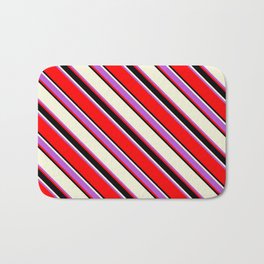 [ Thumbnail: Beige, Orchid, Red & Black Colored Striped/Lined Pattern Bath Mat ]