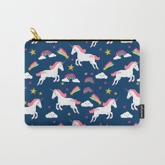 Unicorns happy clouds rainbows magical pony pattern navy pastels Carry-All Pouch