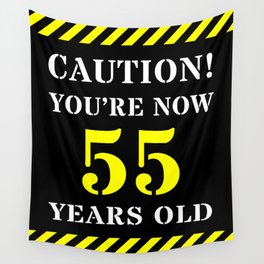 [ Thumbnail: 55th Birthday - Warning Stripes and Stencil Style Text Wall Tapestry ]