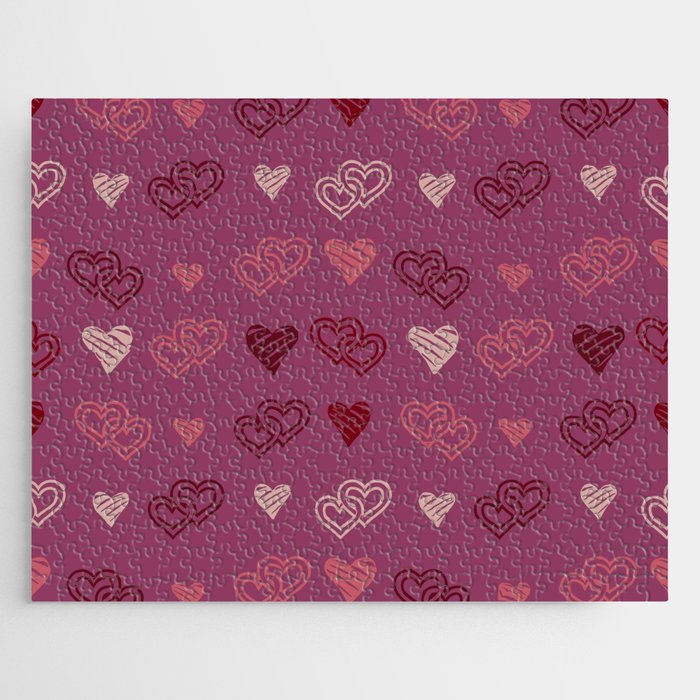Hearts on a burgundy background. For Valentine's Day. Vector drawing for February 14th. SEAMLESS PATTERN WITH HEARTS. Anniversary drawing. For wallpaper, background, postcards. Jigsaw Puzzle