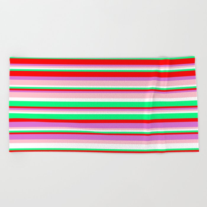 Colorful Green, Red, Orchid, Pink, and White Colored Pattern of Stripes Beach Towel