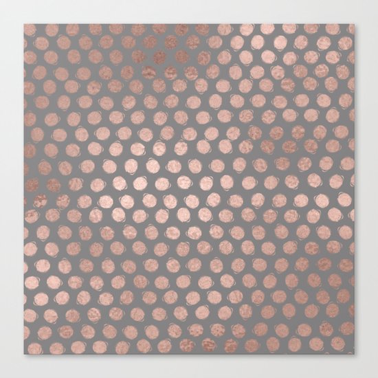 Handpainted Rosegold polkadots on grey background Canvas Print