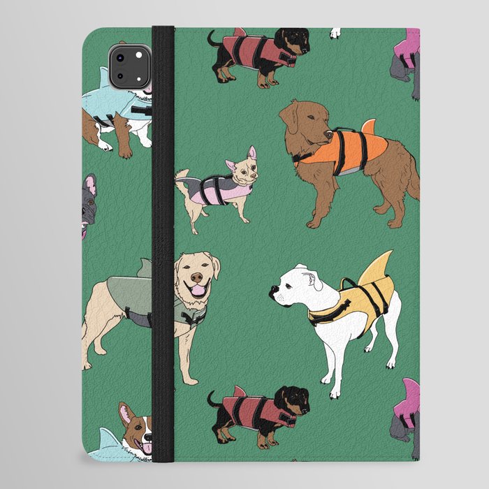 Dog Sharks (dogs in shark life-jackets) on green iPad Folio Case