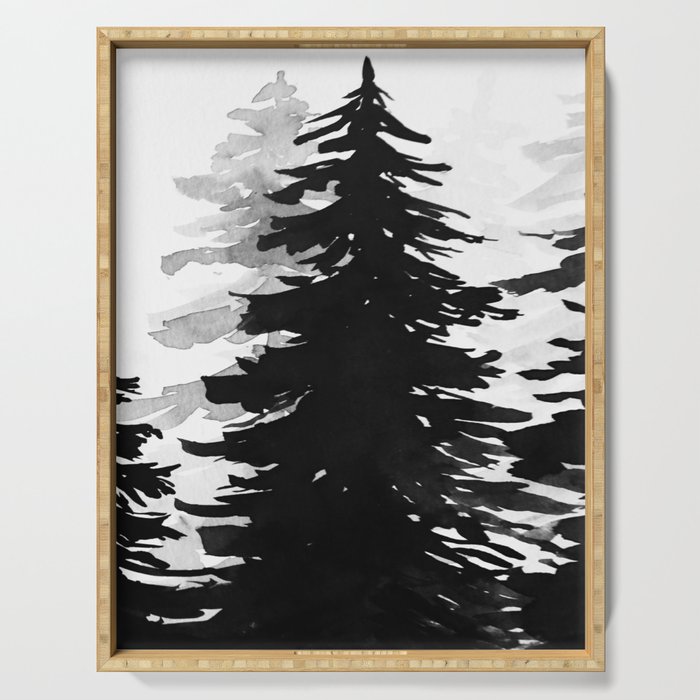 evergreens, black white, minimalist forest, reflections Serving Tray