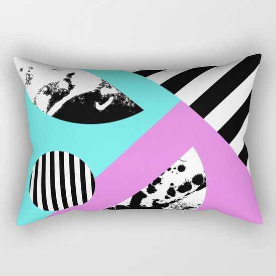 Stripes And Splats 2 - Random, Crazy, Abstract, Geometric, Black And White, Cyan, Pink Artwork Rectangular Pillow