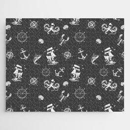 Dark Grey And White Silhouettes Of Vintage Nautical Pattern Jigsaw Puzzle