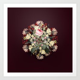 Vintage Double Moss Rose Flower Wreath on Wine Red Art Print
