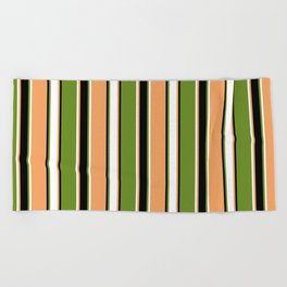 [ Thumbnail: Brown, White, Green, and Black Colored Striped/Lined Pattern Beach Towel ]
