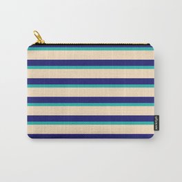 [ Thumbnail: Light Sea Green, Bisque, and Midnight Blue Colored Striped Pattern Carry-All Pouch ]