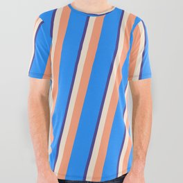 [ Thumbnail: Dark Slate Blue, Beige, Light Salmon & Blue Colored Pattern of Stripes All Over Graphic Tee ]