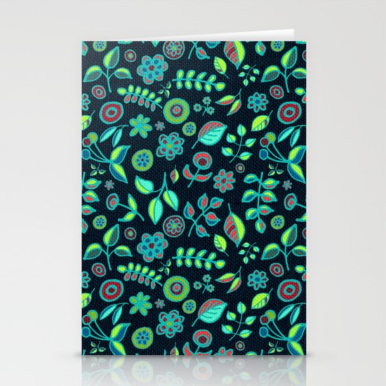 Neon Nature Doodles on Dark Denim Stationery Cards