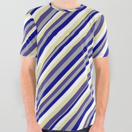 [ Thumbnail: Vibrant Dark Slate Blue, Dark Gray, Dark Blue, White, and Pale Goldenrod Colored Striped Pattern All Over Graphic Tee ]