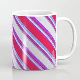 [ Thumbnail: Purple, Crimson, Cornflower Blue, and Light Grey Colored Lined/Striped Pattern Coffee Mug ]