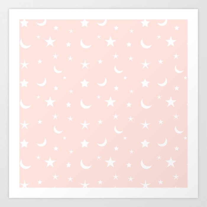 White Moon And Star Pattern On Pink Background Art Print By