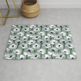 Field of white poppies // jade green background white wildflowers oxford navy blue lines Area & Throw Rug