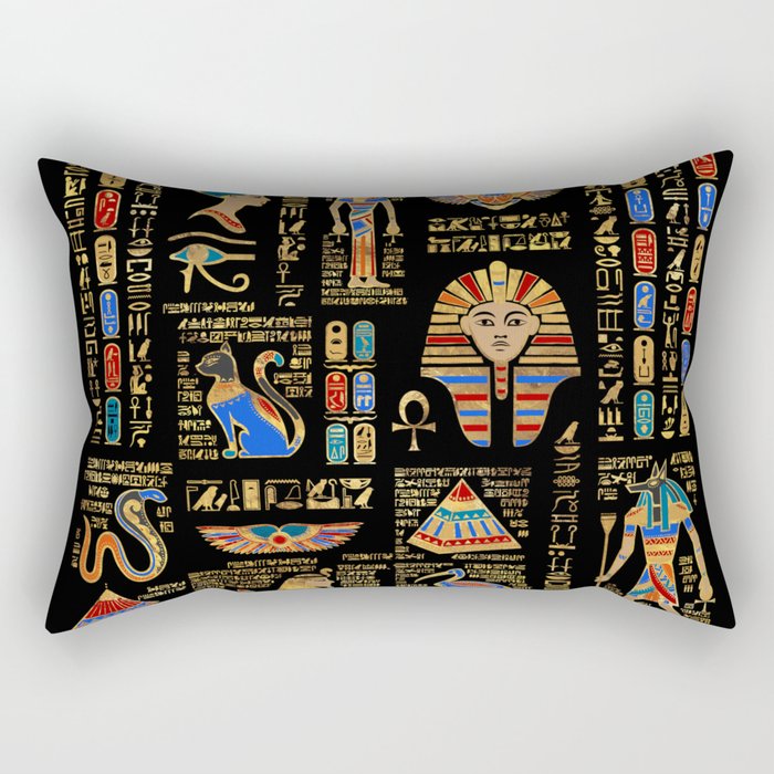 Egyptian hieroglyphs and deities on black Rectangular Pillow