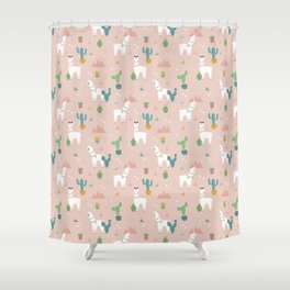 Summer Llamas on Pink Shower Curtain