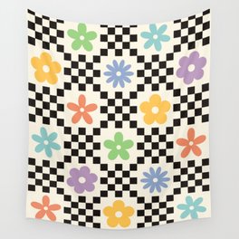 Retro Colorful Flower Double Checker Wall Tapestry