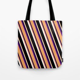 [ Thumbnail: Indigo, Brown, White & Black Colored Striped Pattern Tote Bag ]
