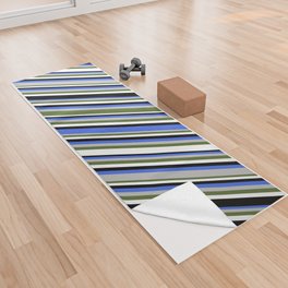 [ Thumbnail: Eye-catching Royal Blue, Grey, Dark Olive Green, White & Black Colored Lines Pattern Yoga Towel ]