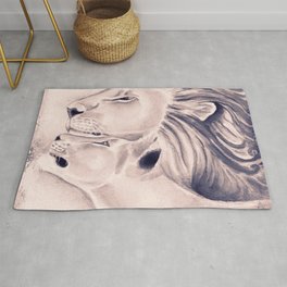 Two Lions Vintage Style Rug | Panther, Predators, Lion, Love, Graphicdesign, Watercolor, Rubbing, Ink, Queen, Black And White 