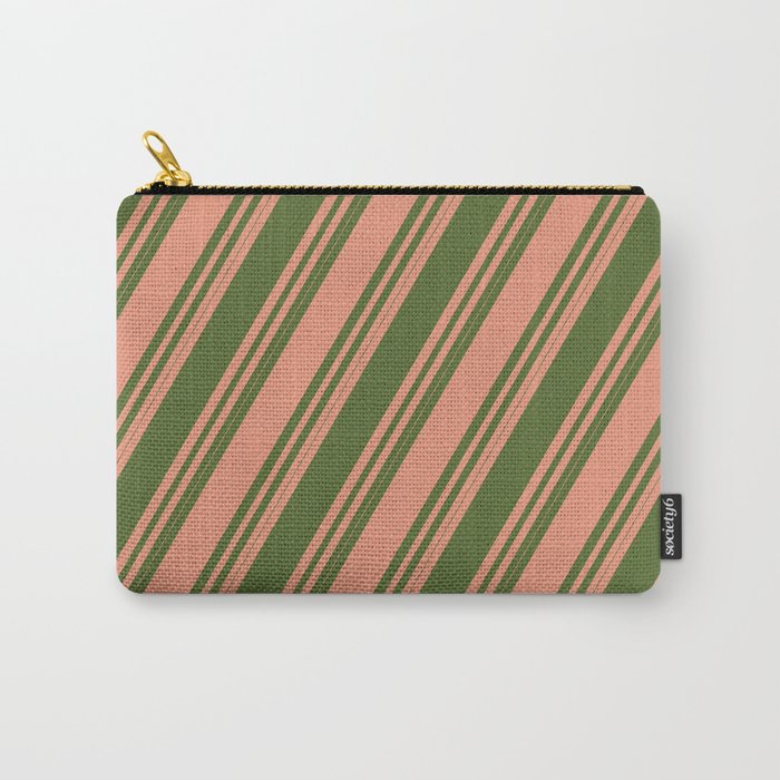 Dark Salmon and Dark Olive Green Colored Striped/Lined Pattern Carry-All Pouch