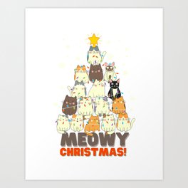 Meowy Christmas Cat Kitty Tree Art Print