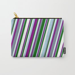 [ Thumbnail: Light Blue, Purple, Light Slate Gray, Dark Green & White Colored Striped Pattern Carry-All Pouch ]