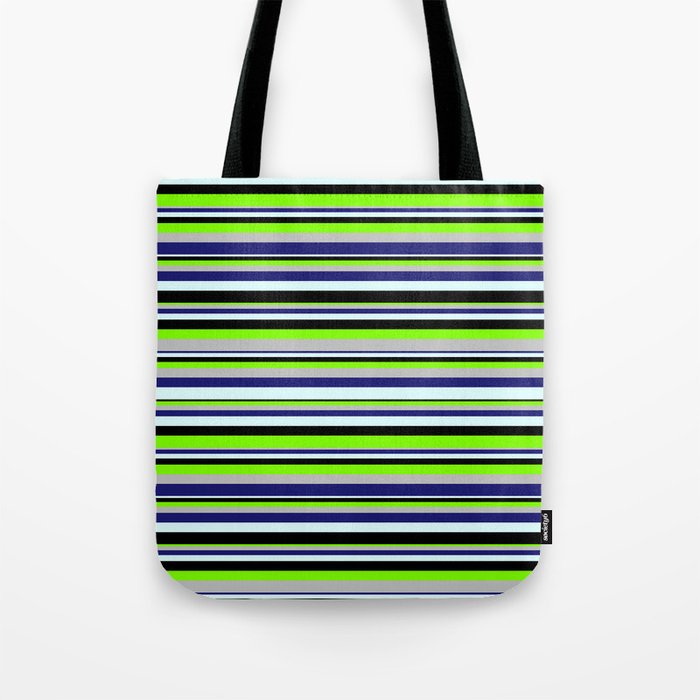 Vibrant Chartreuse, Grey, Midnight Blue, Light Cyan & Black Colored Lined/Striped Pattern Tote Bag